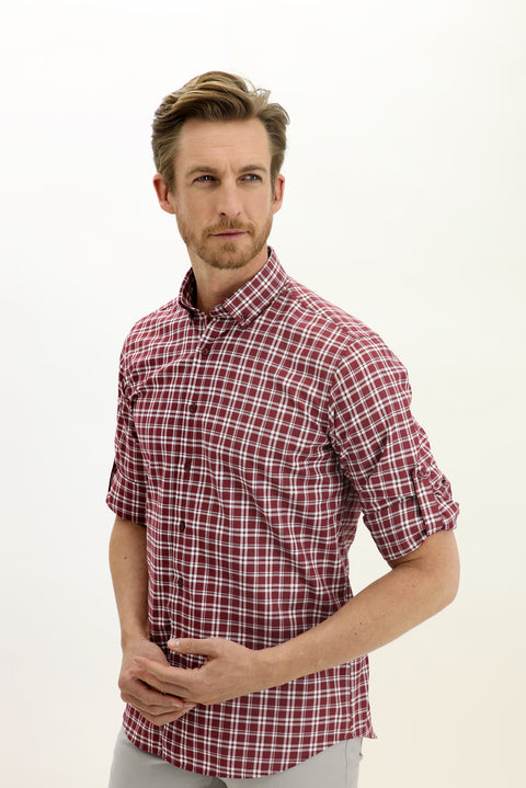 Dark Burgundy Long Sleeve Regular Fit Plaid Sport Shirt