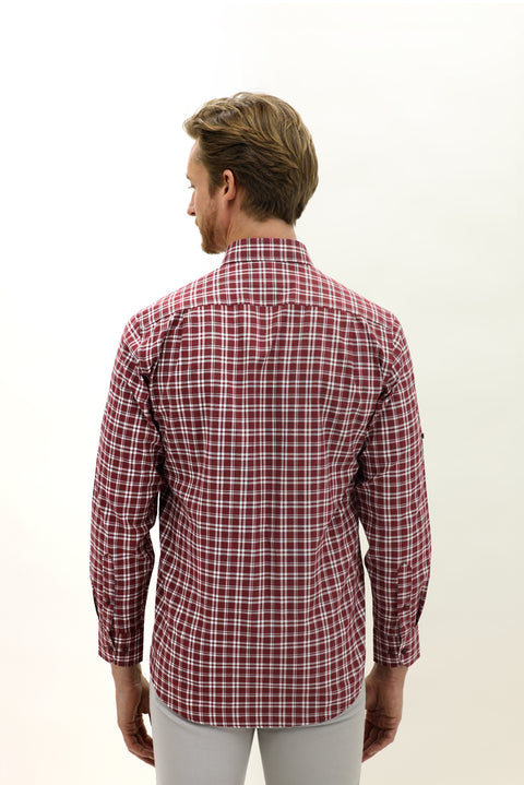 Dark Burgundy Long Sleeve Regular Fit Plaid Sport Shirt