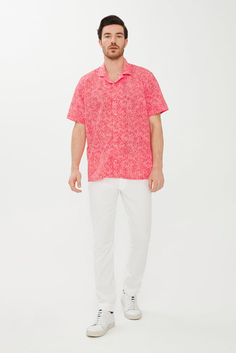 Coral Red Short Sleeve Regular Fit Printed Sport Cotton Shirt