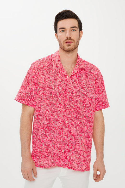 Coral Red Short Sleeve Regular Fit Printed Sport Cotton Shirt