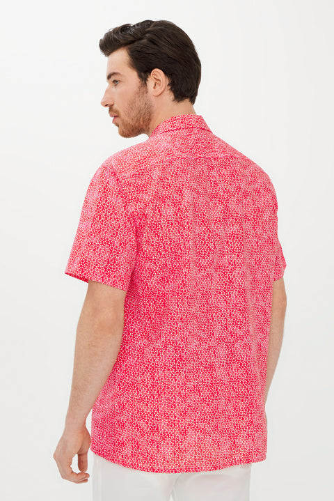 Coral Red Short Sleeve Regular Fit Printed Sport Cotton Shirt