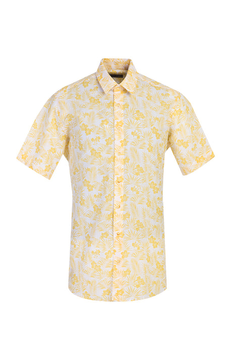 Light Yellow Short Sleeve Regular Fit Patterned Cotton Sport Shirt
