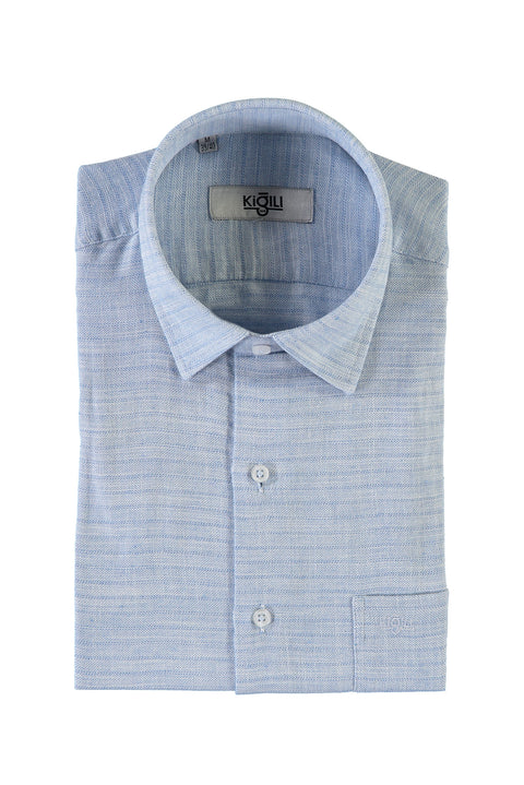 Dark Blue Short-Sleeved Patterned Classic Shirt