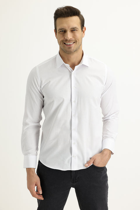 White Long Sleeve Slim Fit Patterned Shirt