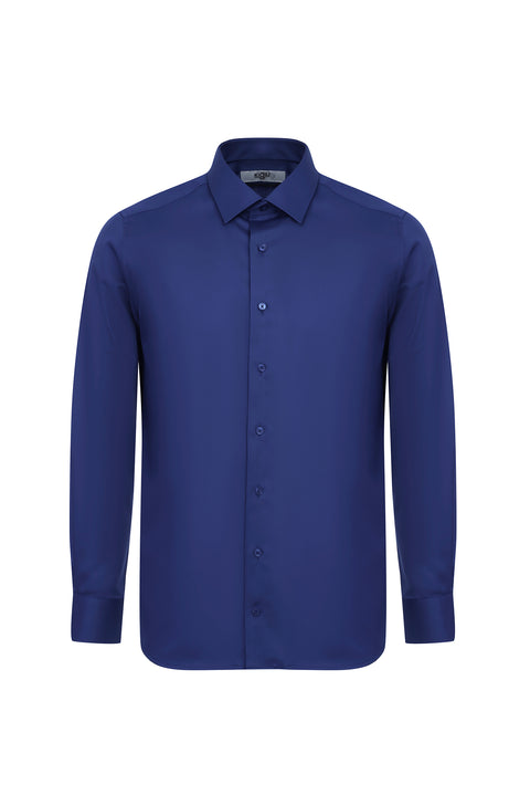Mid-Navy Long Sleeve Slim Fit Non-Iron Sateen Classic Cotton Shirt