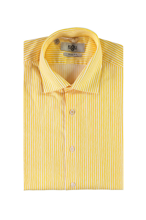 Light Yellow Long Sleeve Slim Fit Striped Cotton Shirt