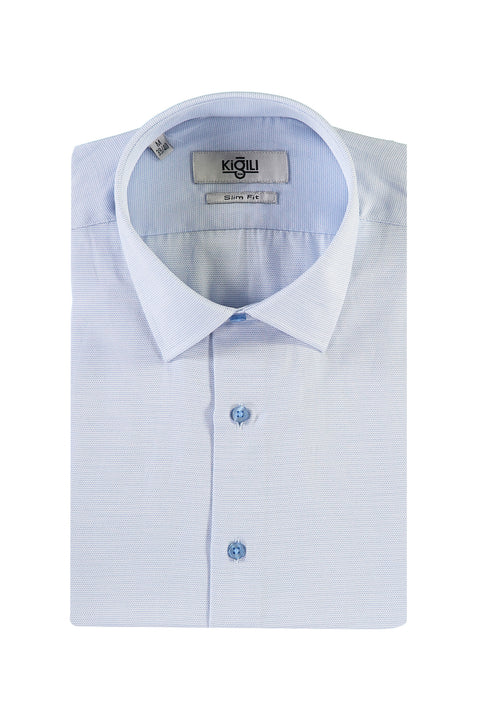 Uçuk Mavi Kısa Kol Slim Fit Dar Kesim Desenli Gömlek