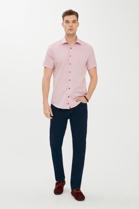 Dark Red Short Sleeve Slim Fit Patterned Shirt