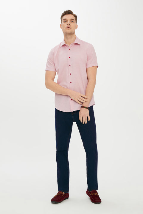 Dark Red Short Sleeve Slim Fit Patterned Shirt