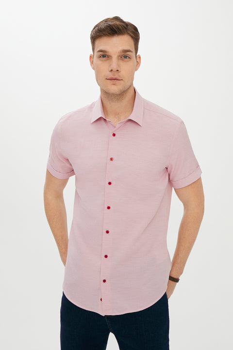 Dark Red Short Sleeve Slim Fit Patterned Shirt