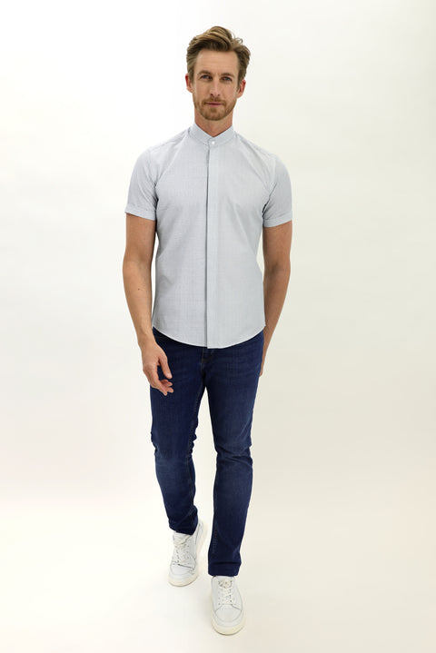 Medium Beige Short Sleeve Slim Fit Narrow Cut Patterned Mandarin Collar Cotton Shirt