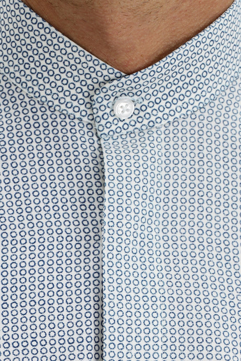 Medium Beige Short Sleeve Slim Fit Narrow Cut Patterned Mandarin Collar Cotton Shirt