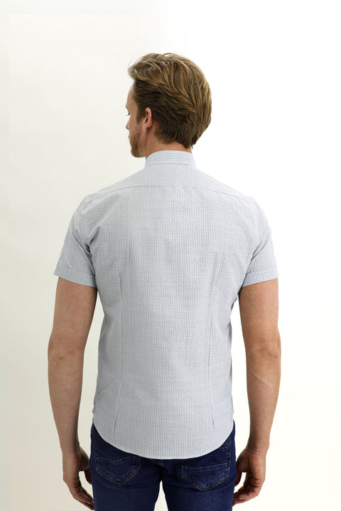 Medium Beige Short Sleeve Slim Fit Narrow Cut Patterned Mandarin Collar Cotton Shirt
