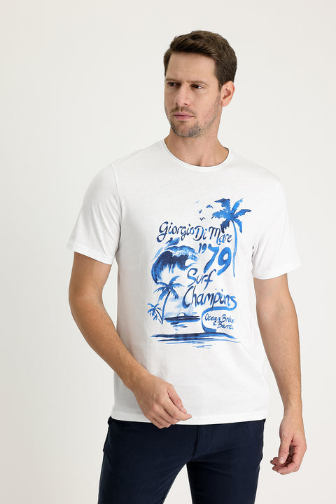 White Crew Neck Regular Fit Printed Cotton T-shirt