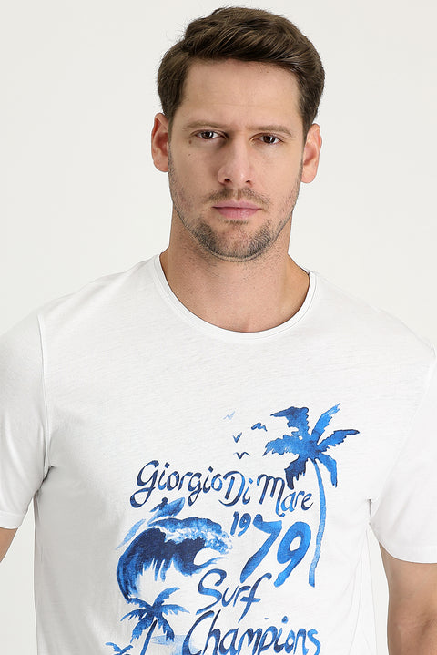 White Crew Neck Regular Fit Printed Cotton T-shirt