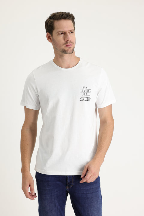 White Crew Neck Regular Fit Printed Cotton T-shirt