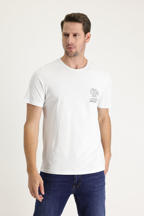 White Crew Neck Regular Fit Printed Cotton T-shirt