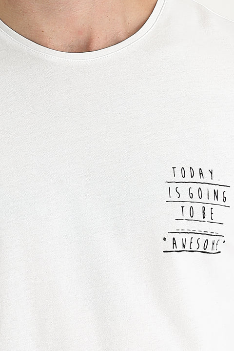 White Crew Neck Regular Fit Printed Cotton T-shirt