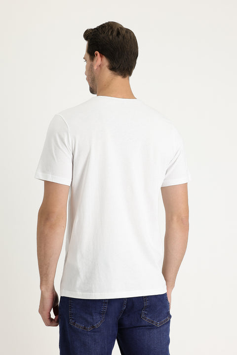 White Crew Neck Regular Fit Printed Cotton T-shirt