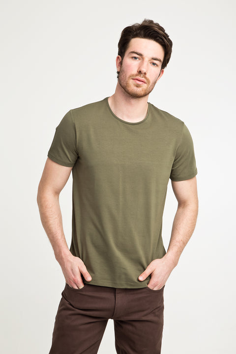 Medium Khaki Crew Neck Plain Slim Fit Narrow Cut T-Shirt