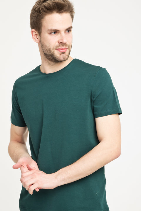 Zümrüt Yeşili Bisiklet Yaka Düz Slim Fit Dar Kesim Tişört