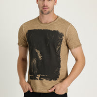 Medium Mink Crew Neck Slim Fit Printed Cotton T-Shirt