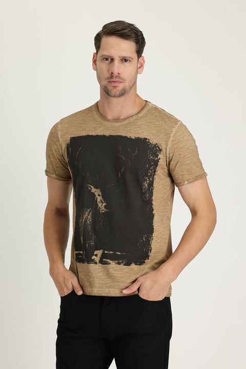 Medium Mink Crew Neck Slim Fit Printed Cotton T-Shirt