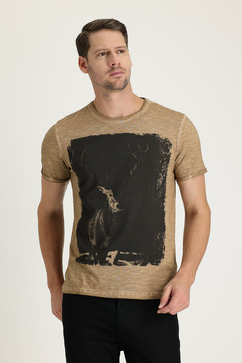 Medium Mink Crew Neck Slim Fit Printed Cotton T-Shirt