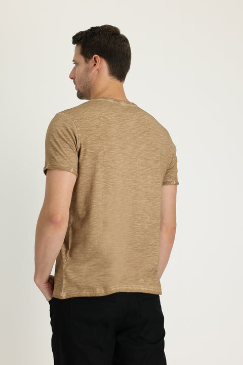 Medium Mink Crew Neck Slim Fit Printed Cotton T-Shirt