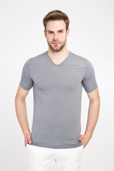 Light Grey V-Neck Slim Fit Cotton T-Shirt