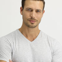 Light Grey Melange V-Neck Slim Fit Cotton T-Shirt