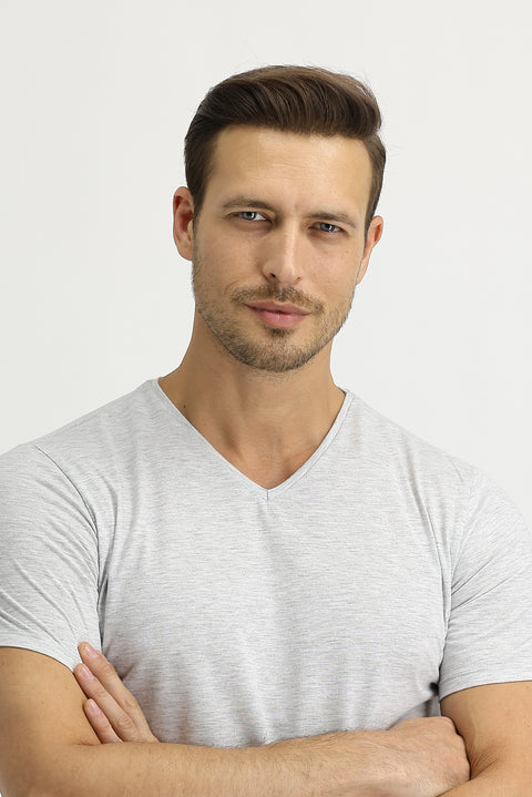 Light Grey Melange V-Neck Slim Fit Cotton T-Shirt