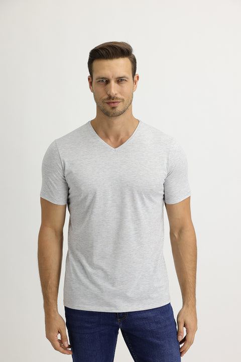 Light Grey Melange V-Neck Slim Fit Cotton T-Shirt