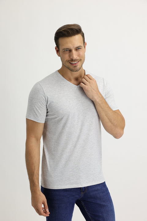 Light Grey Melange V-Neck Slim Fit Cotton T-Shirt