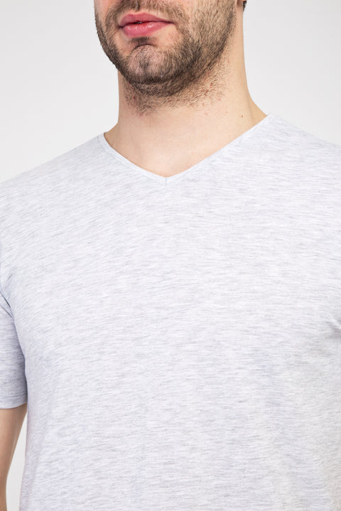 Light Grey Melange V-Neck Slim Fit Cotton T-Shirt