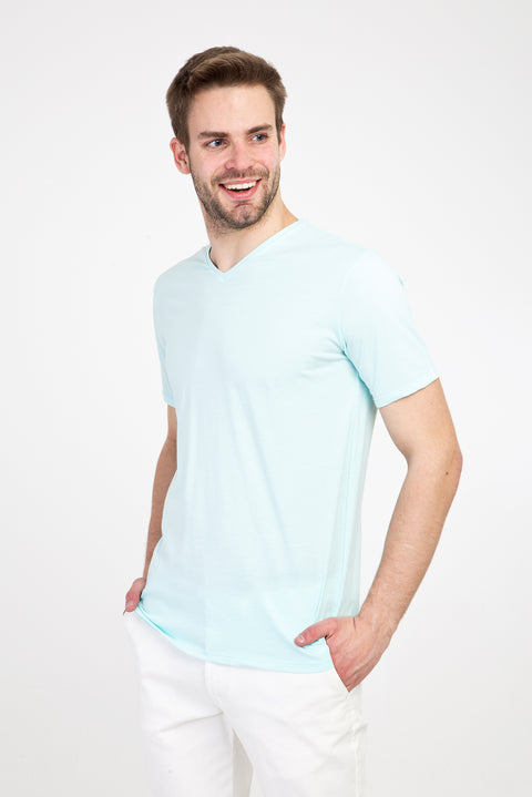 Aqua Blue V-Neck Slim Fit Narrow Cut Cotton T-Shirt