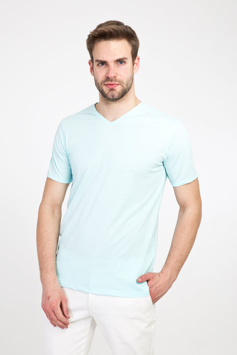 Aqua Blue V-Neck Slim Fit Narrow Cut Cotton T-Shirt