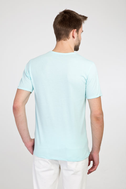 Aqua Blue V-Neck Slim Fit Narrow Cut Cotton T-Shirt