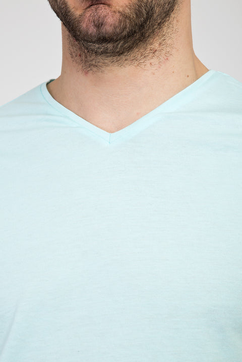 Aqua Blue V-Neck Slim Fit Narrow Cut Cotton T-Shirt