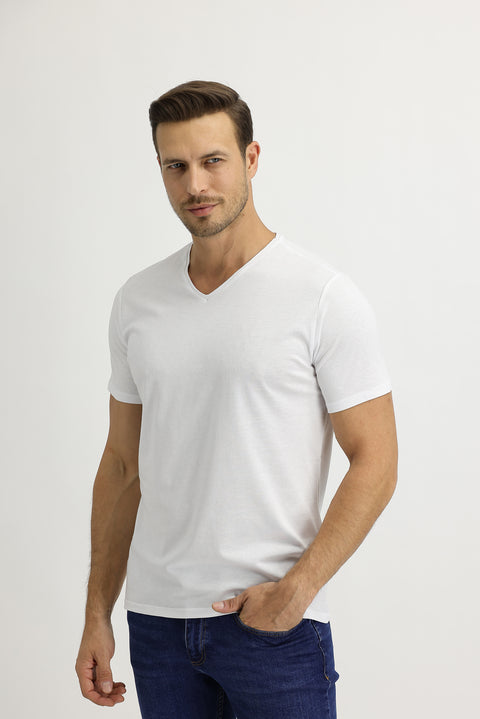 White V-Neck Slim Fit Cotton T-Shirt