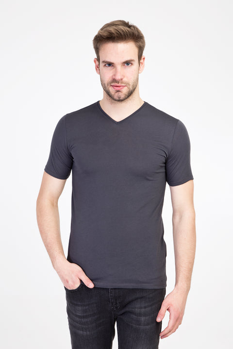 Dark Anthracite V-Neck Slim Fit Cotton T-Shirt