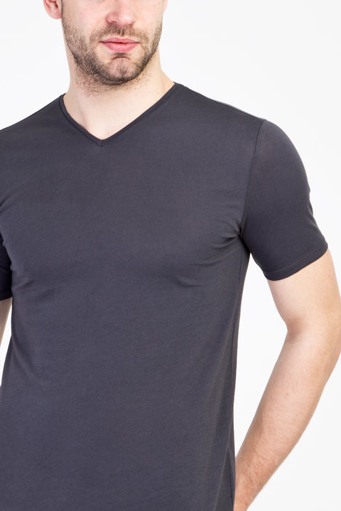 Dark Anthracite V-Neck Slim Fit Cotton T-Shirt