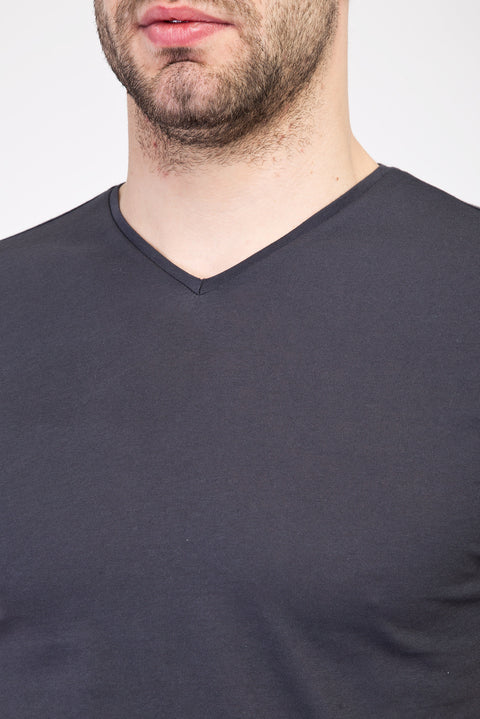 Dark Anthracite V-Neck Slim Fit Cotton T-Shirt