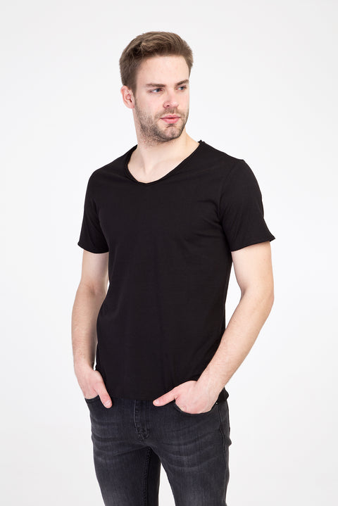 Black V-Neck Slim Fit Narrow Cut Cotton T-Shirt