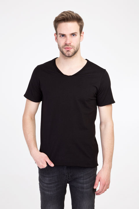 Black V-Neck Slim Fit Narrow Cut Cotton T-Shirt