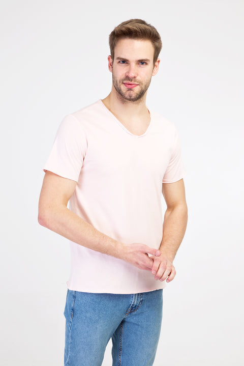 Dusty Pink V-Neck Slim Fit Cotton T-Shirt