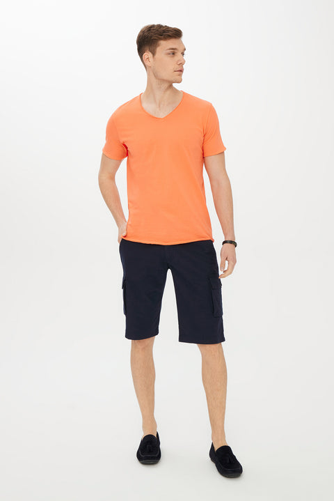 Light Orange V-Neck Slim Fit Cotton T-Shirt