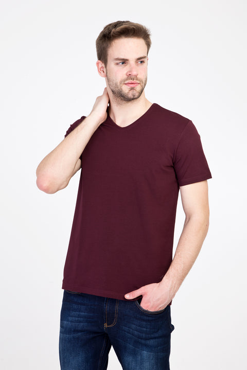 Koyu Bordo V Yaka Slim Fit Dar Kesim Tişört