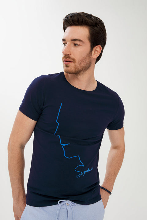 Dark Navy Blue Crew Neck Printed Super Slim Fit Extra Narrow Cut T-shirt