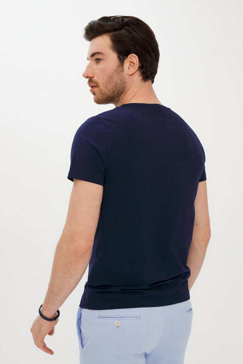 Dark Navy Blue Crew Neck Printed Super Slim Fit Extra Narrow Cut T-shirt